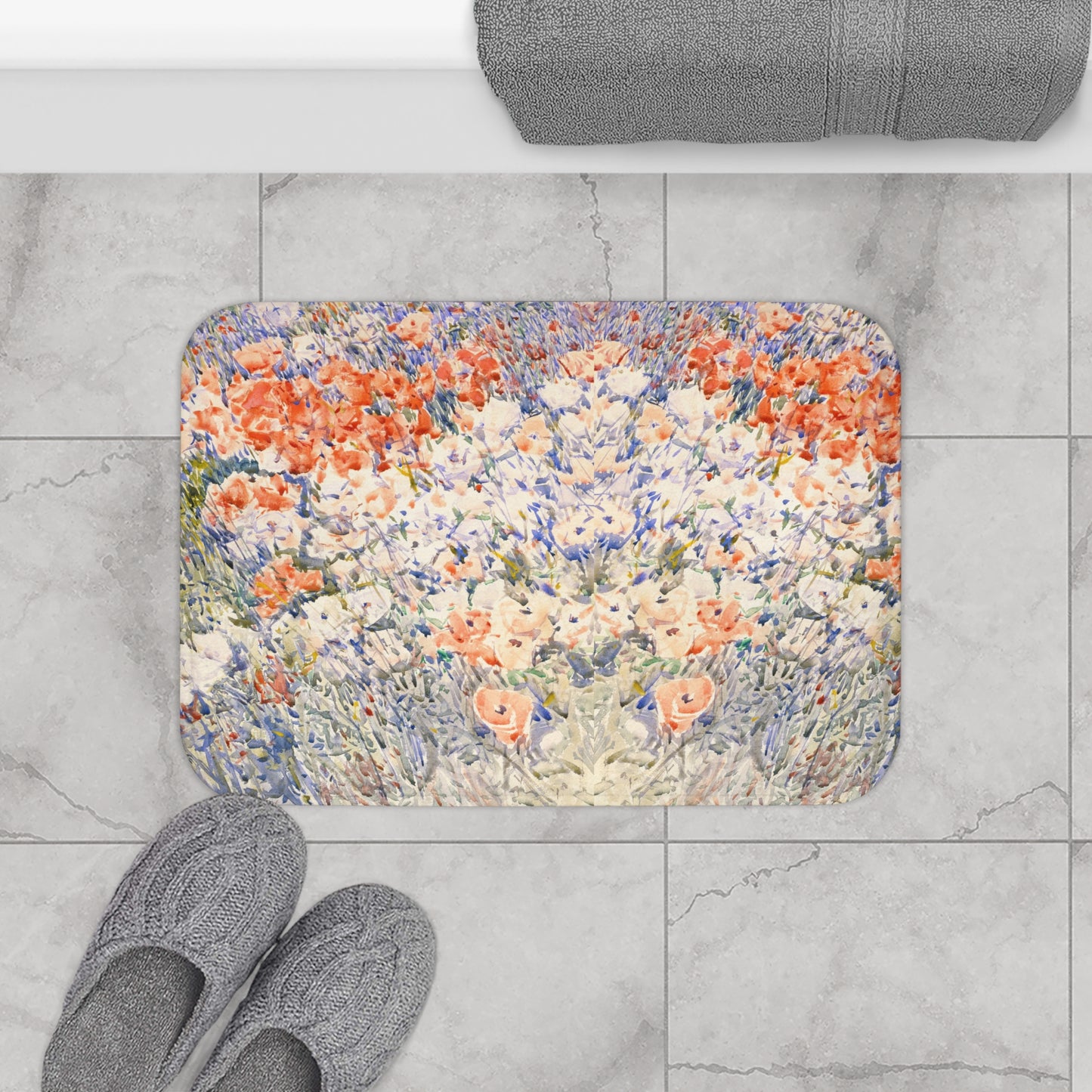 Luxurious bath mat with Childe Hassam’s "The Island Garden" vibrant floral and greenery design, adding elegance and artistic flair to a modern bathroom.