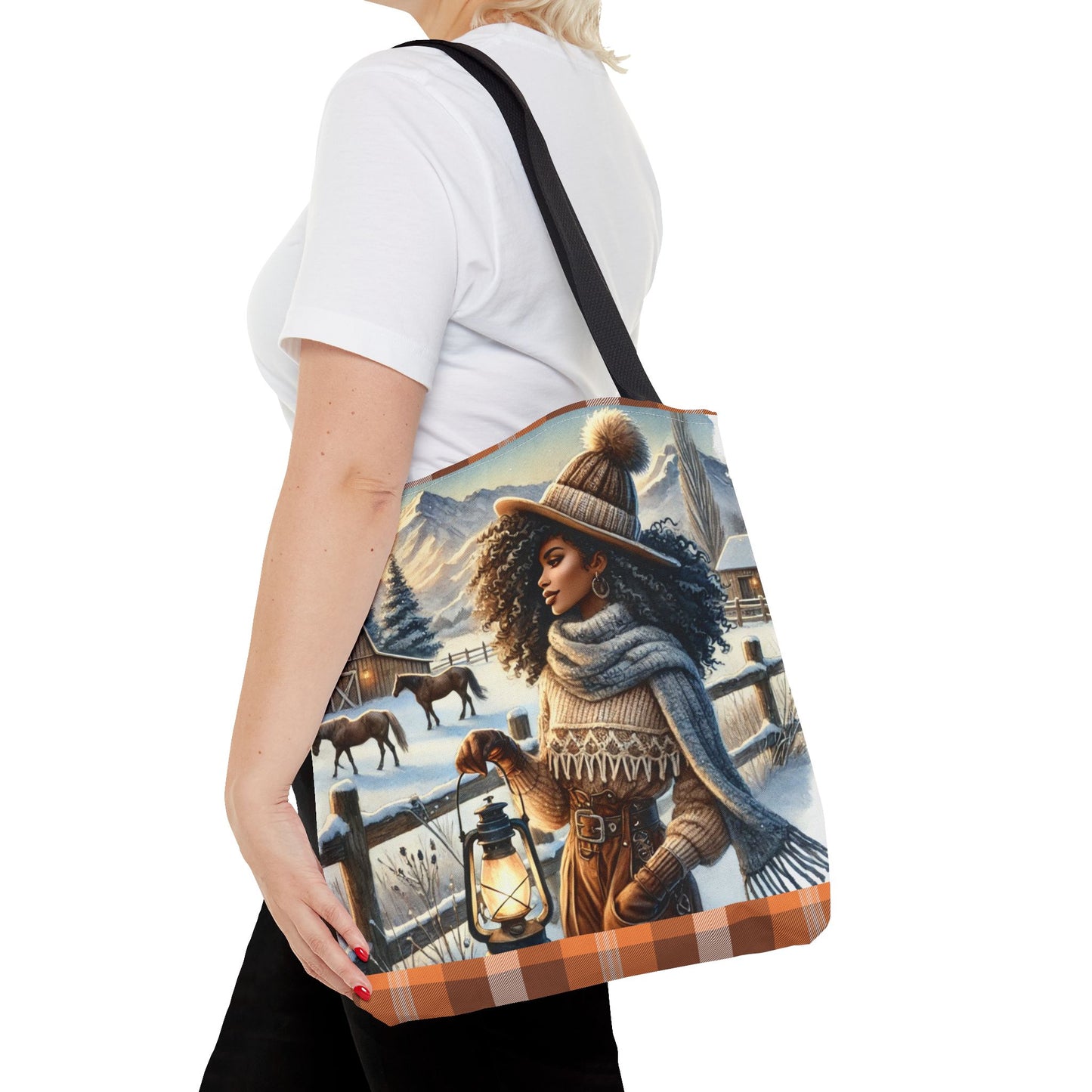 Winter Ranch Scene Tote Bag, Country Western-Inspired Polyester Tote with Cozy Lantern and Plaid Snowflake Backside | Perfect for Winter Fashion