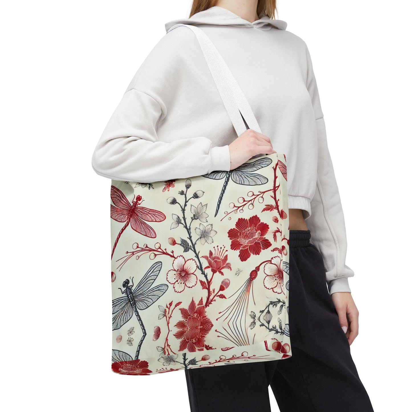 Dragonfly Floral Chinoiserie Tote Bag | Elegant Red & Black Insect Print Bag | Eco-Friendly Polyester Tote | Nature-Inspired Gift