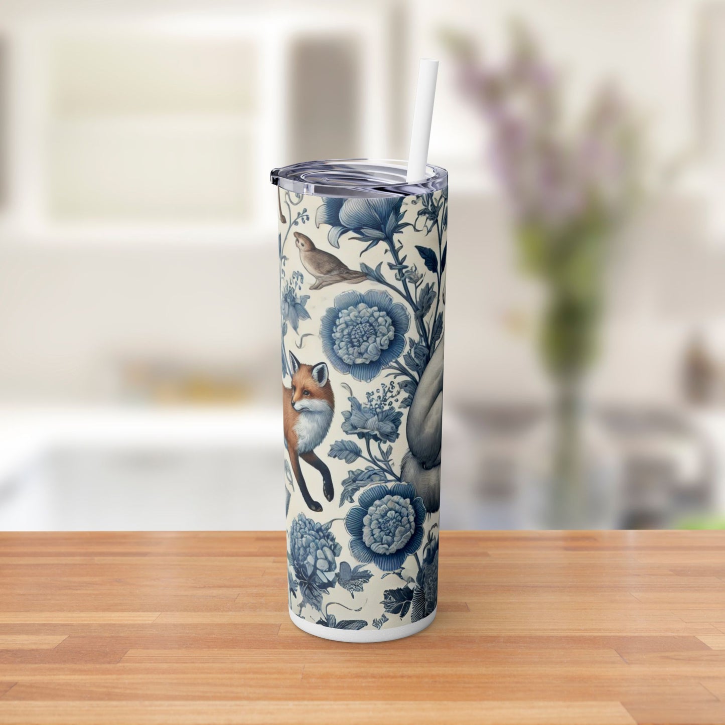 Chinoiserie Blue & White Forest Animals Tumbler | 20oz Maars Stainless Steel Insulated Tumbler with Lid & Straw | Fox & Rabbit Floral Travel Mug
