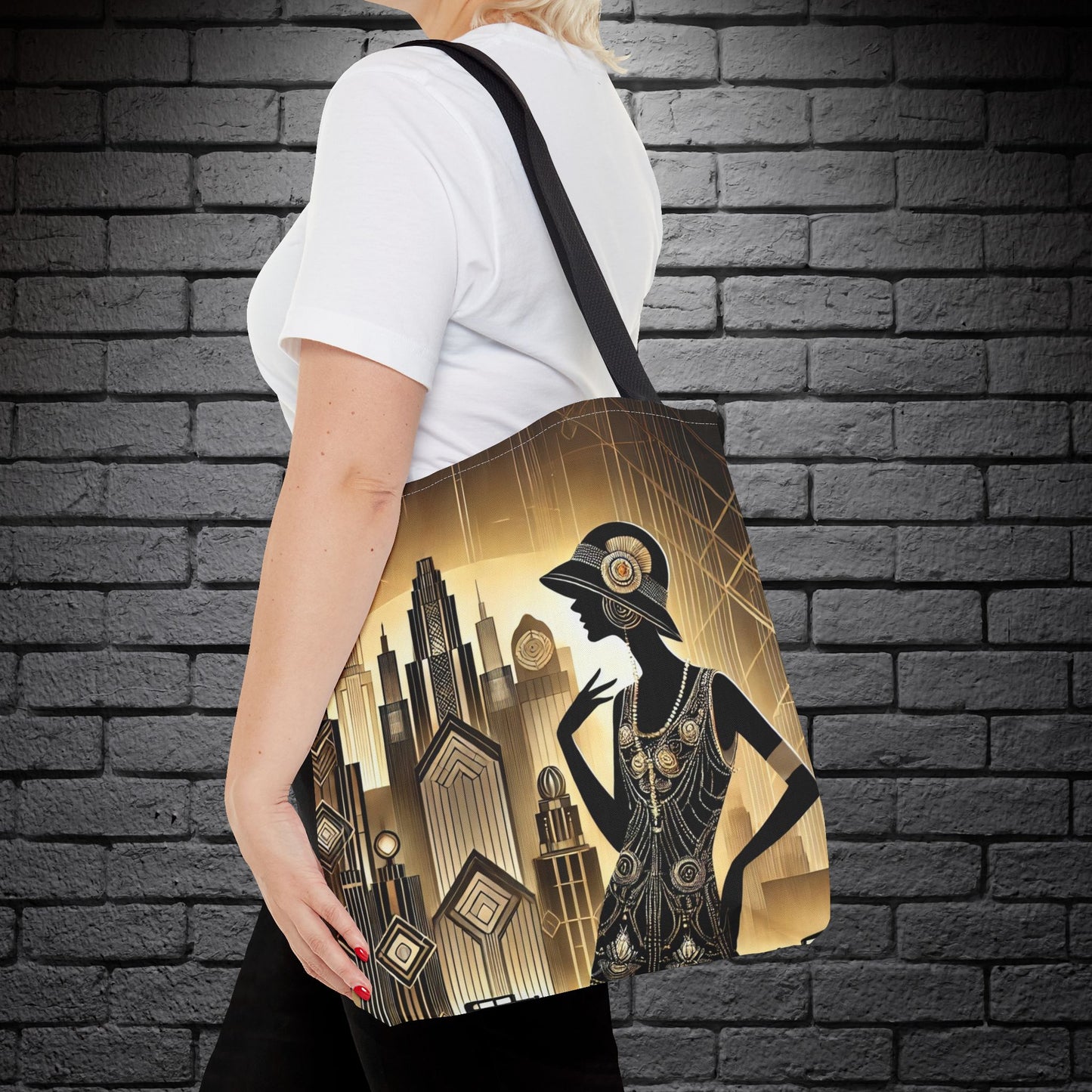 Lifestyle shot of the tote bag displayed on a wooden surface, showcasing its chic and timeless design.