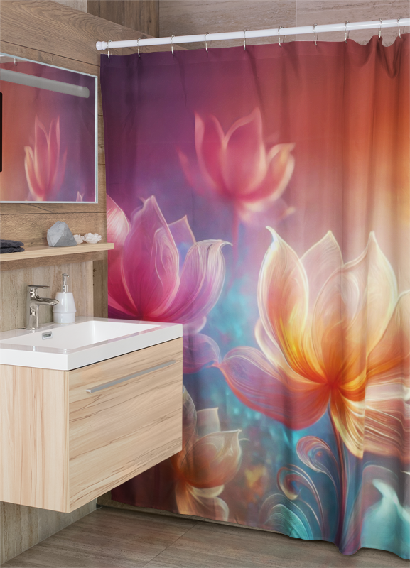 Corner view of an ethereal lotus-themed shower curtain showcasing warm, vibrant colors.