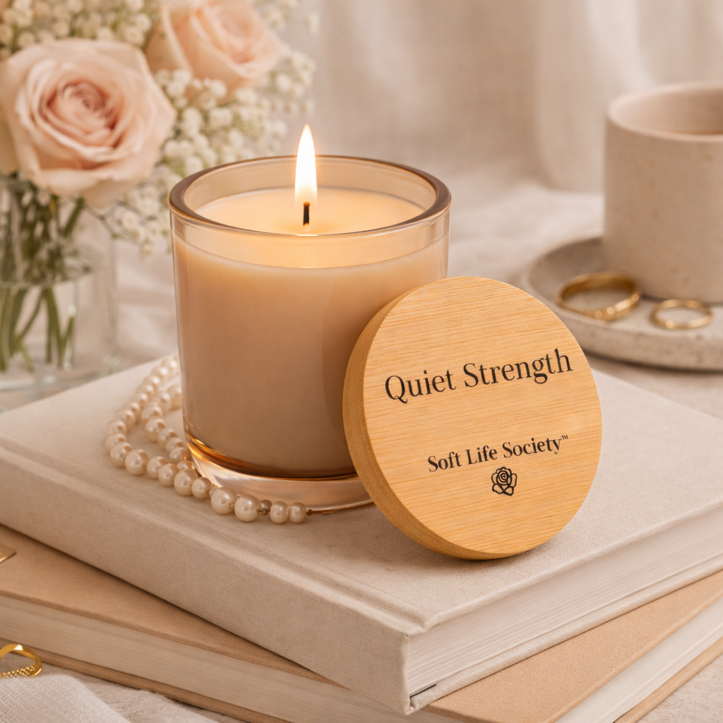 Candle with wooden lid labeled 'Quiet Strength' from Soft Life Society, placed on books with flowers and jewelry in the background.