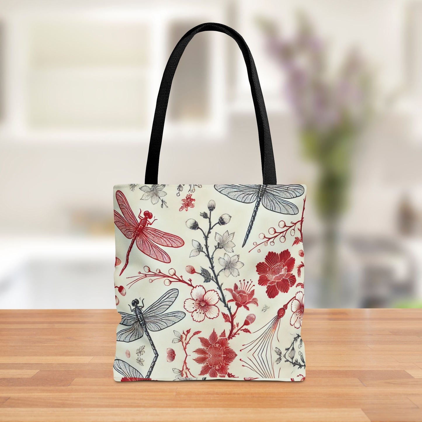 Dragonfly Floral Chinoiserie Tote Bag | Elegant Red & Black Insect Print Bag | Eco-Friendly Polyester Tote | Nature-Inspired Gift