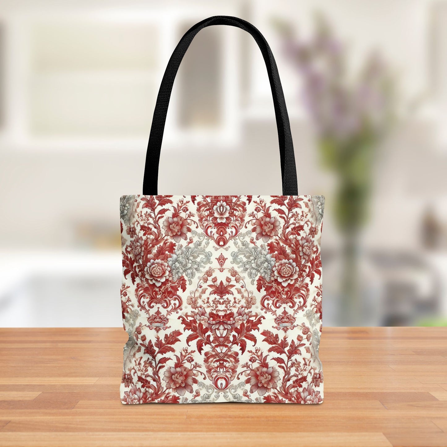 Luxury Red & Gray Chinoiserie Tote Bag – Elegant Floral Baroque Design | Black or White Handles | Stylish Everyday Carryall