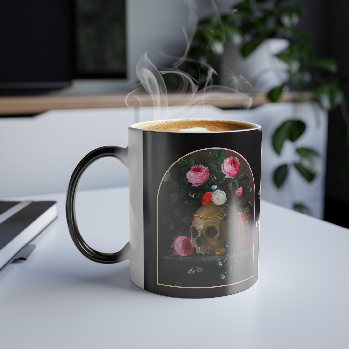 Steaming hot mug showing the complete vibrant skull and floral artwork as it reveals under the heat.