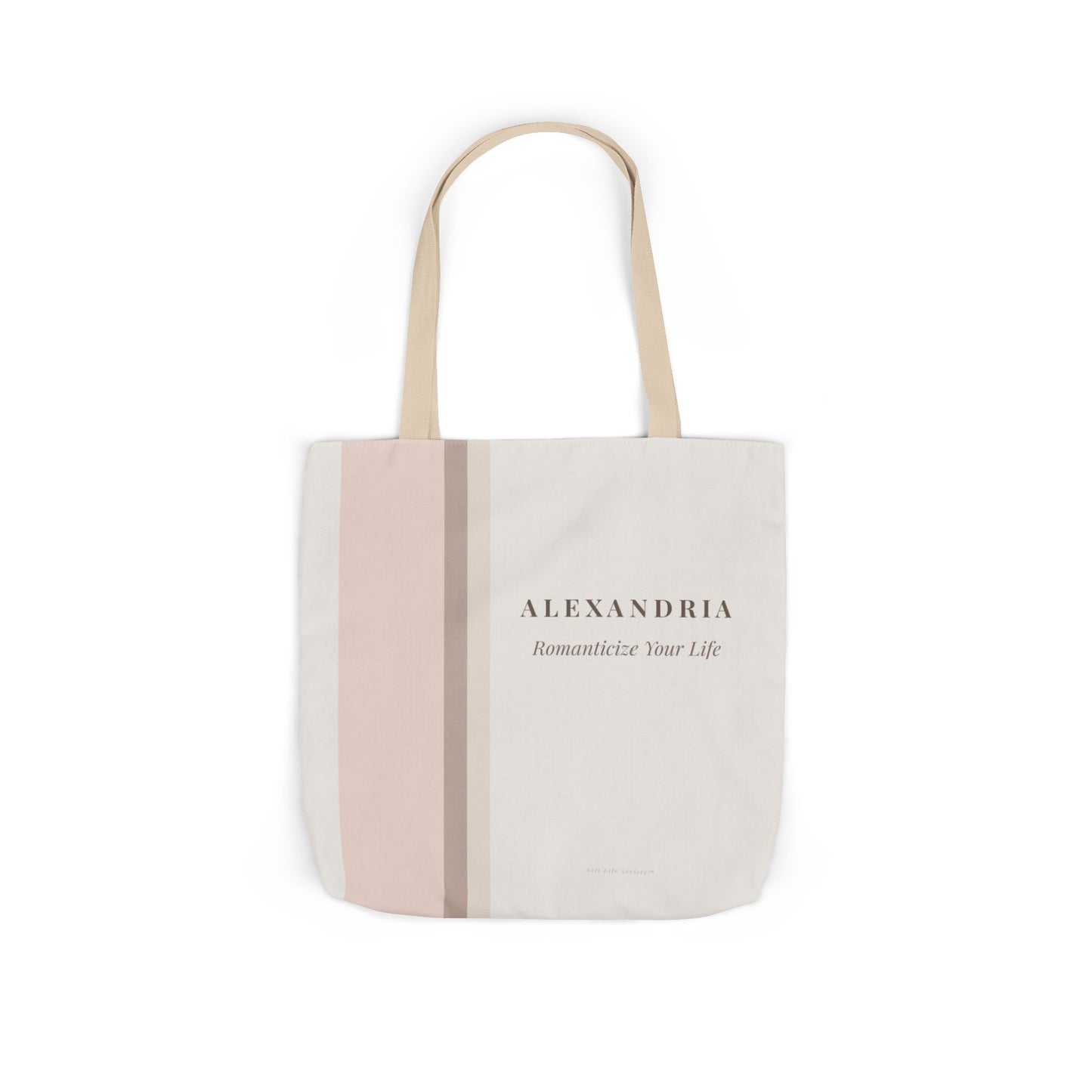 Tote bag with 'ALEXANDRIA' and 'Romanticize Your Life' text on a white background