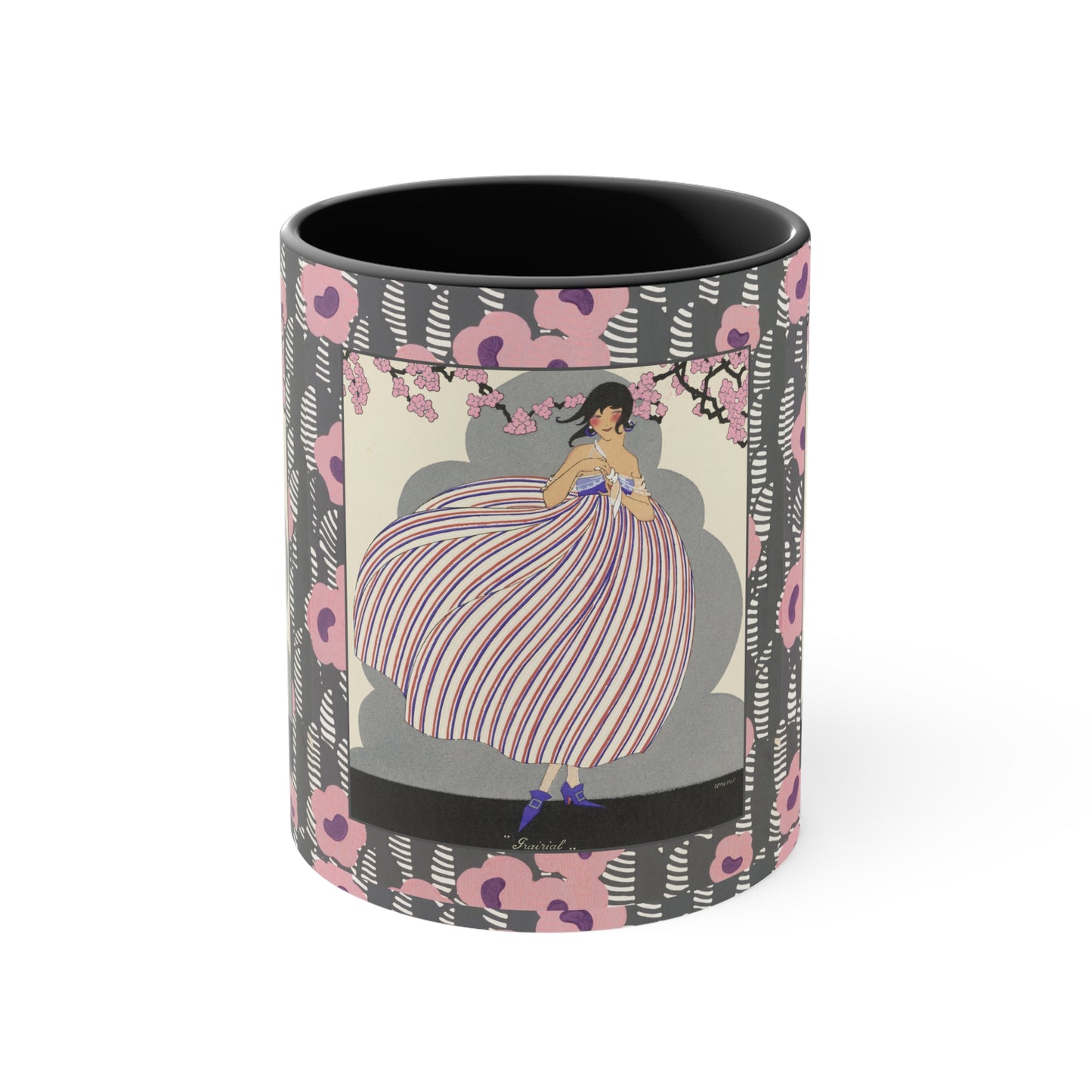 Art Deco-inspired mug featuring a woman in a flowing striped dress beneath pink blossoms, with soft pink and gray geometric patterns.
