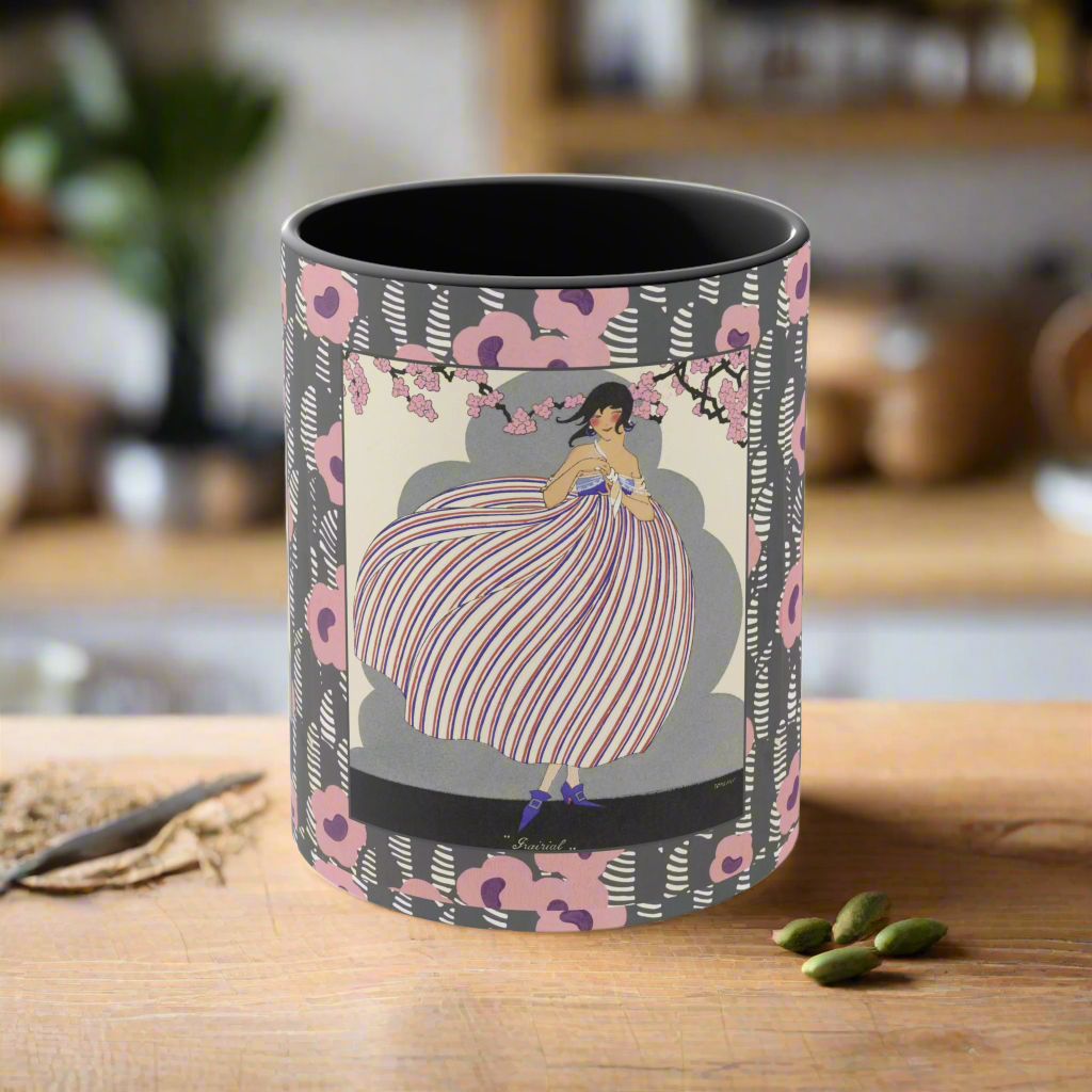 Vintage floral and striped design mug with Art Deco patterns in pink, gray, and black tones