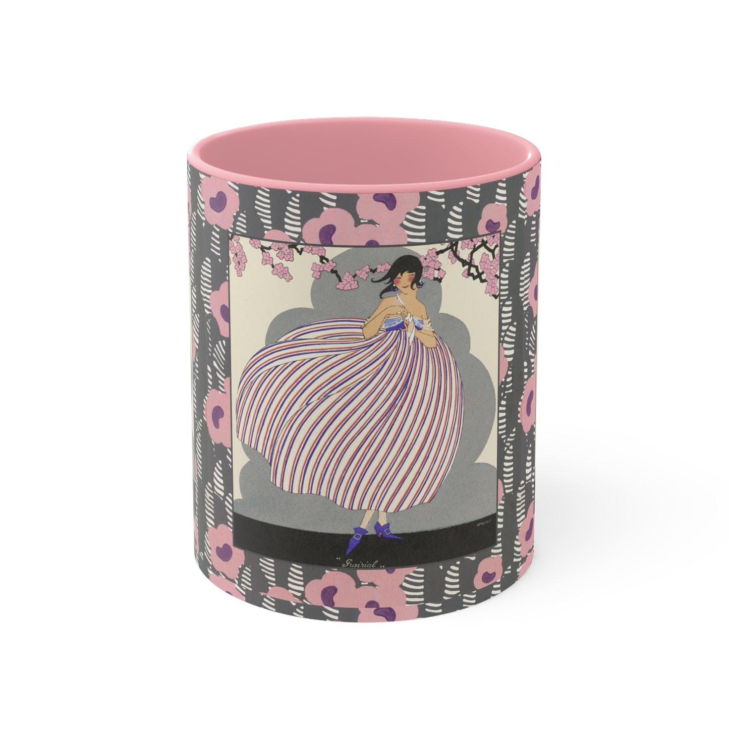 Art Deco-inspired mug featuring a woman in a flowing striped dress beneath pink blossoms, with soft pink and gray geometric patterns.