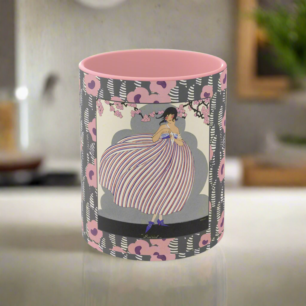 Vintage floral and striped design mug with Art Deco patterns in pink, gray, and black tones