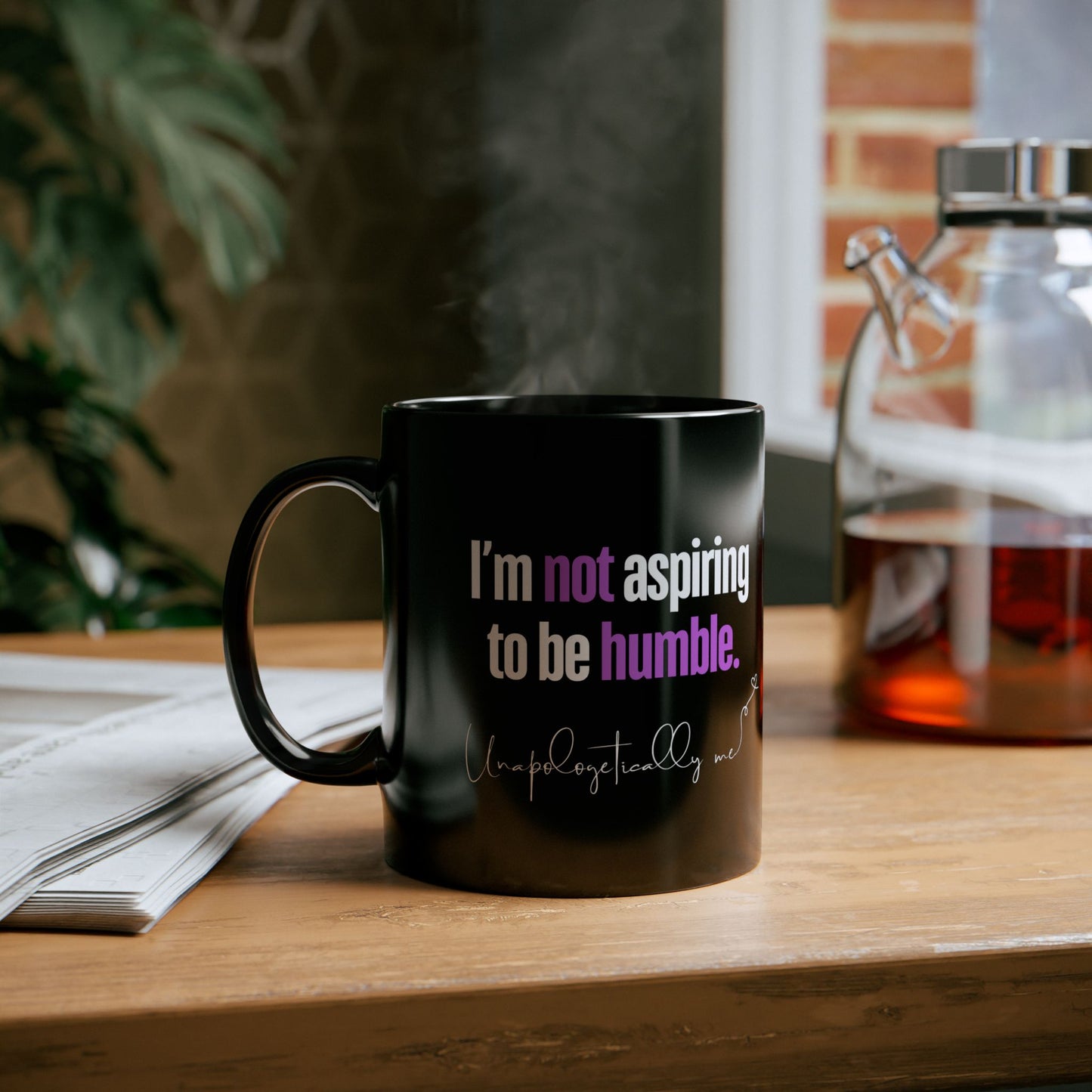 Mug in a lifestyle setting, placed on a desk or table.