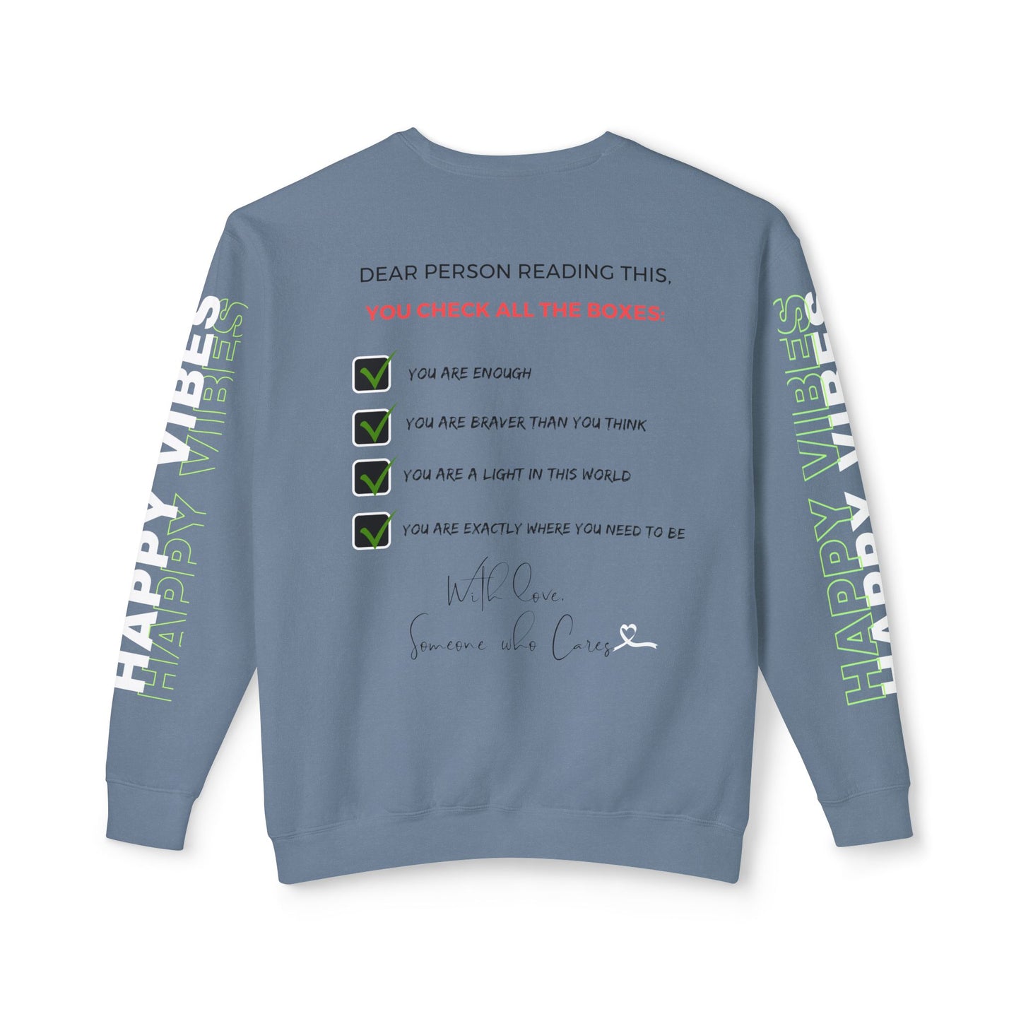 Back view of the sweatshirt featuring positive affirmations in checklist format. Blue Jean color