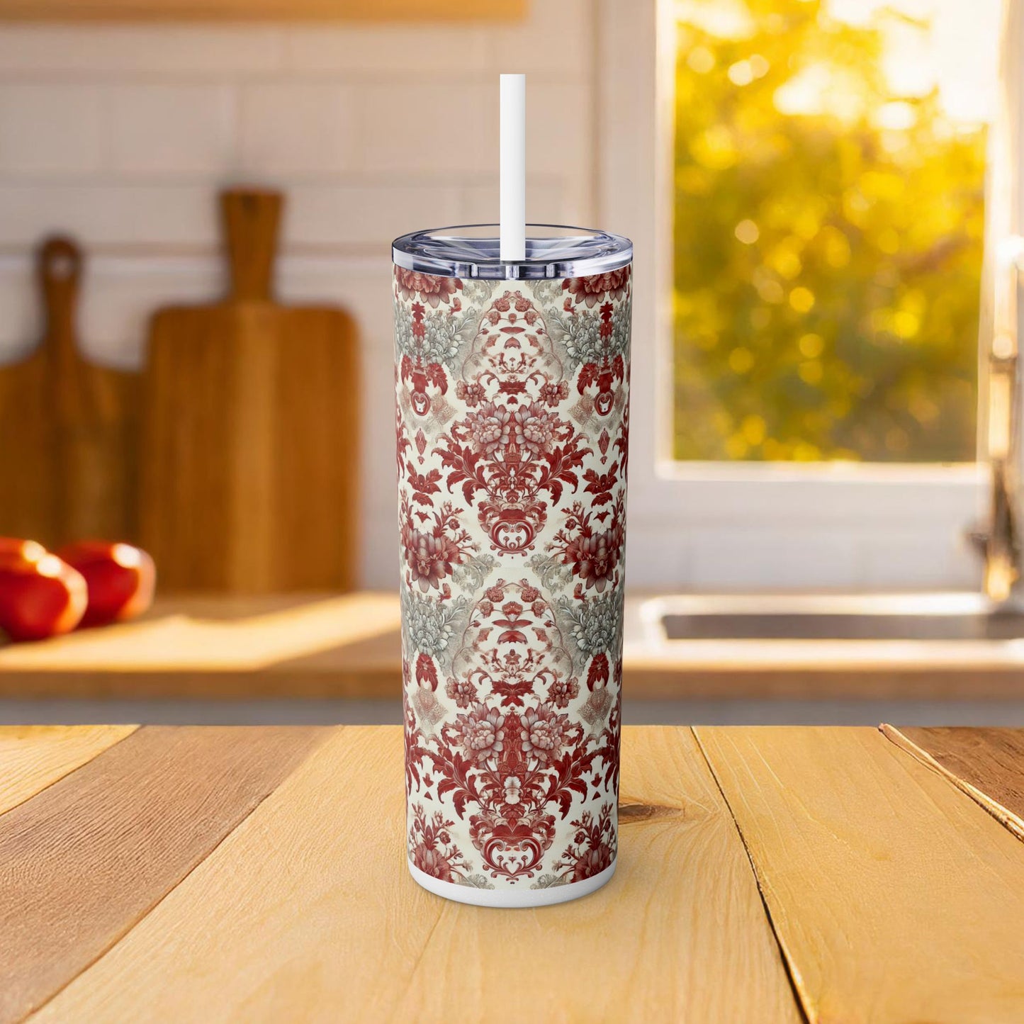 Red & White Baroque Chinoiserie Tumbler – 20oz Maars Skinny Tumbler with Straw | Insulated Stainless Steel Travel Mug