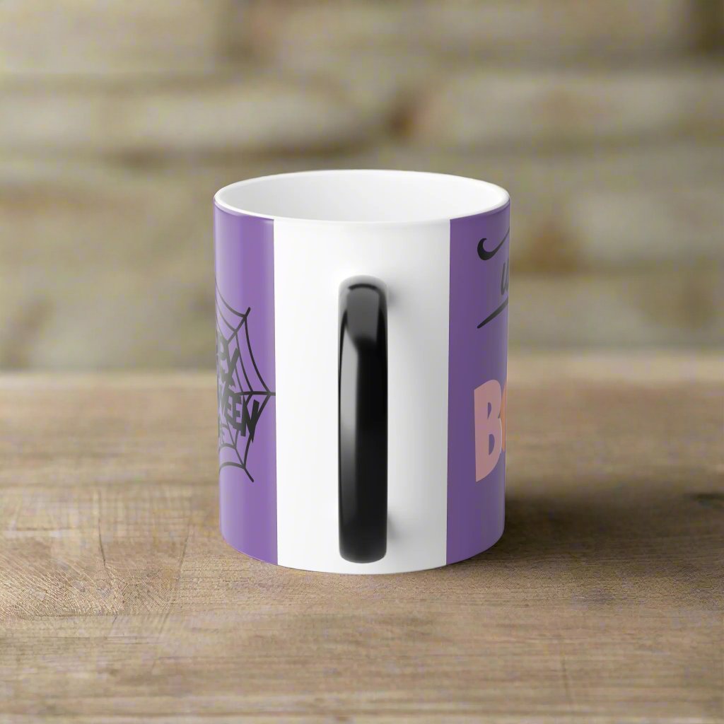 Back view of Wicked Cute Halloween Boo Magic Morphing Mug highlighting the continuation of the ghost and pumpkin artwork on the purple background.
