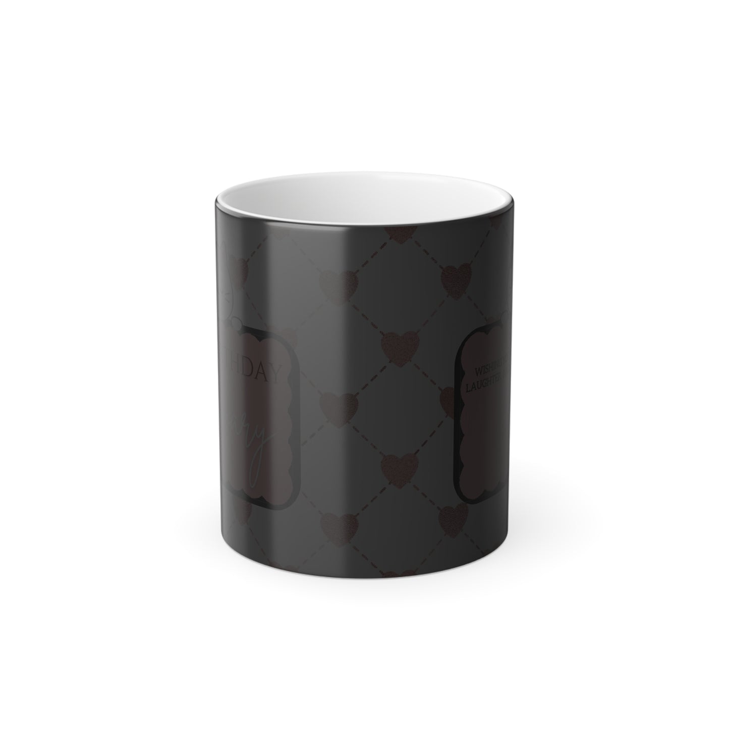 Cold view of personalized magic mug with cute cat design. The message is hidden until heated.
