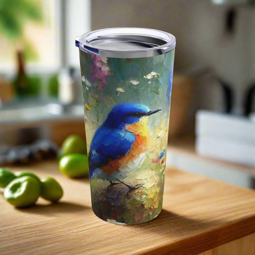 Front view of the 20oz stainless steel tumbler featuring a vibrant bluebird design with a colorful, painterly background.
