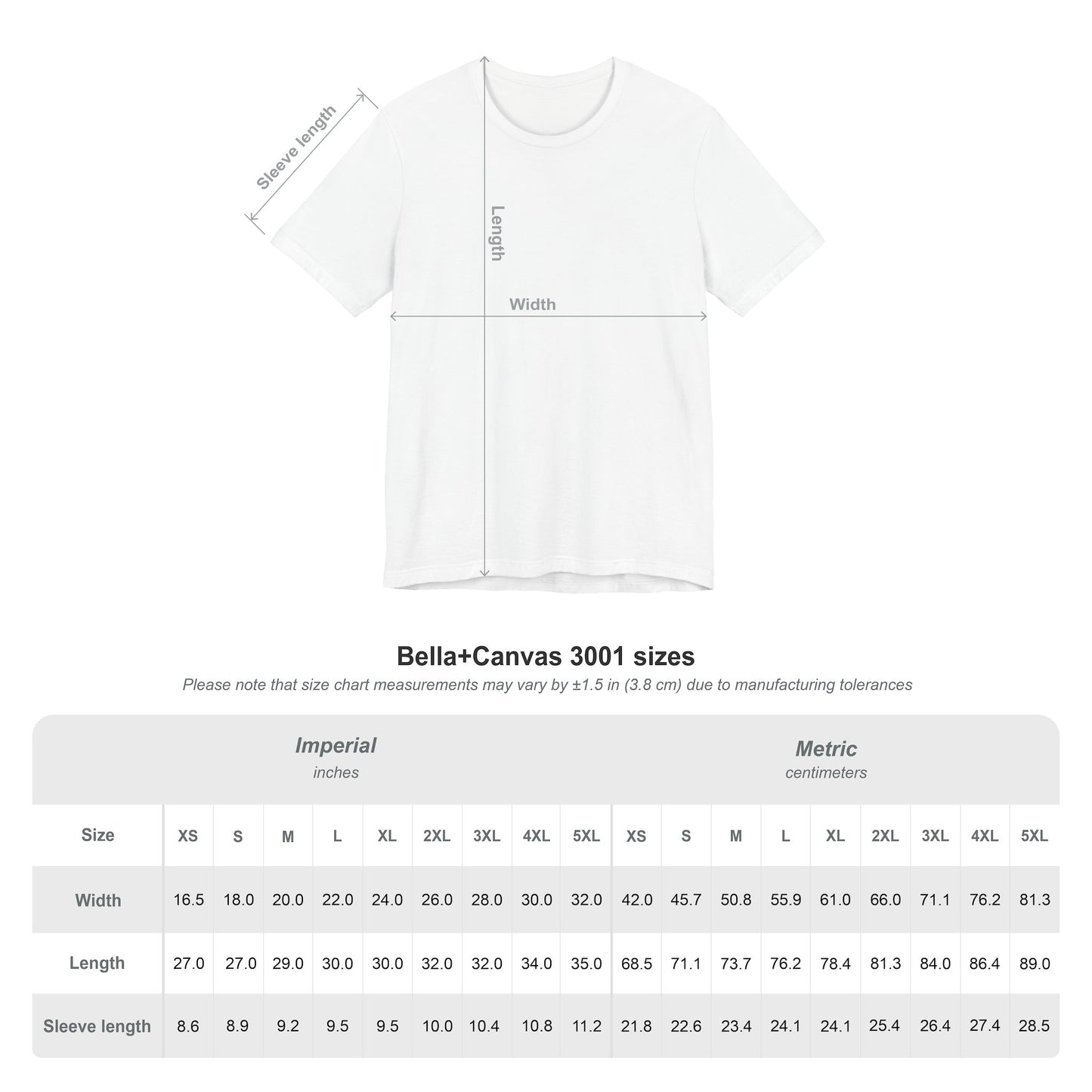 Bella Canvas 3001 size chart unisex t-shirt sizing guide measurements