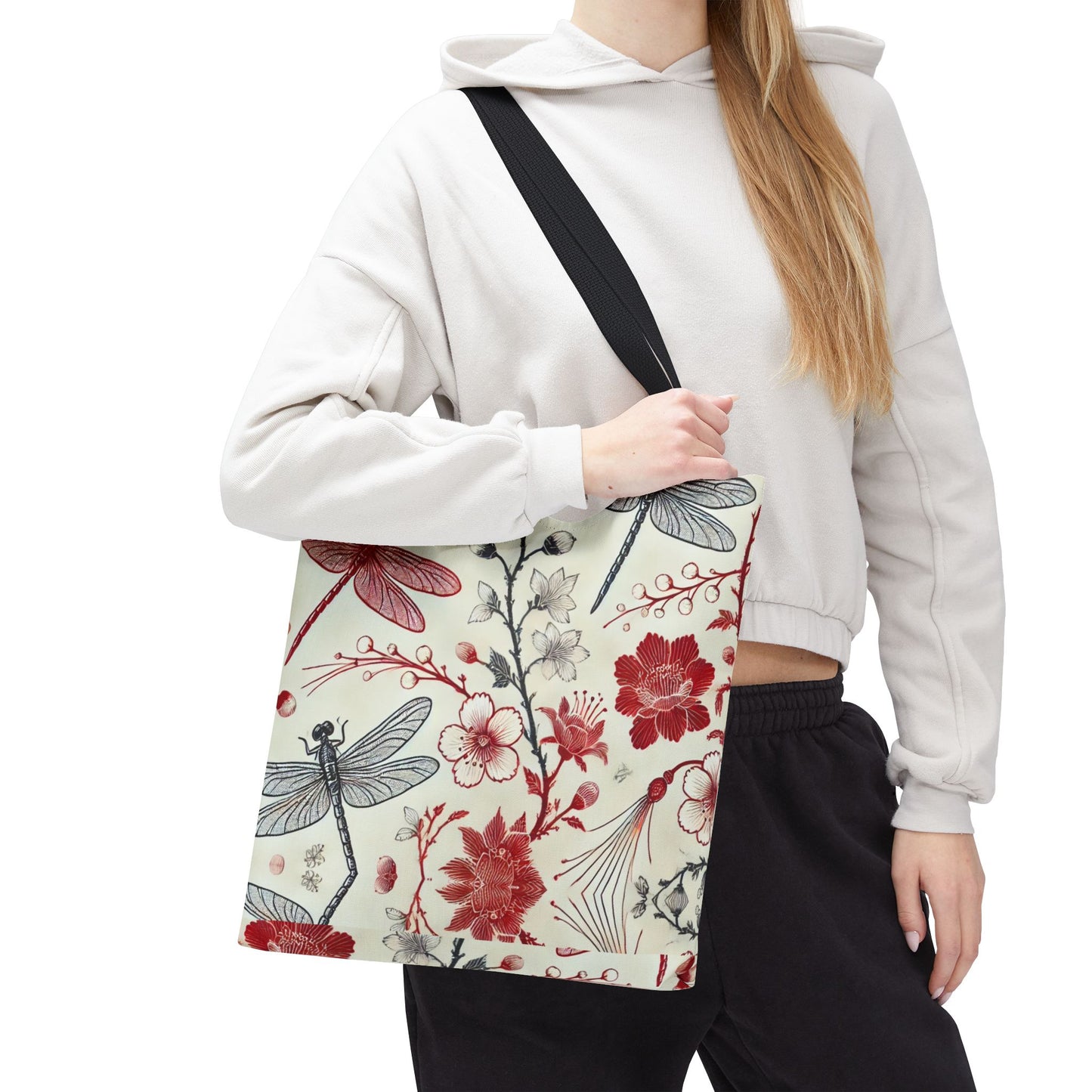 Dragonfly Floral Chinoiserie Tote Bag | Elegant Red & Black Insect Print Bag | Eco-Friendly Polyester Tote | Nature-Inspired Gift