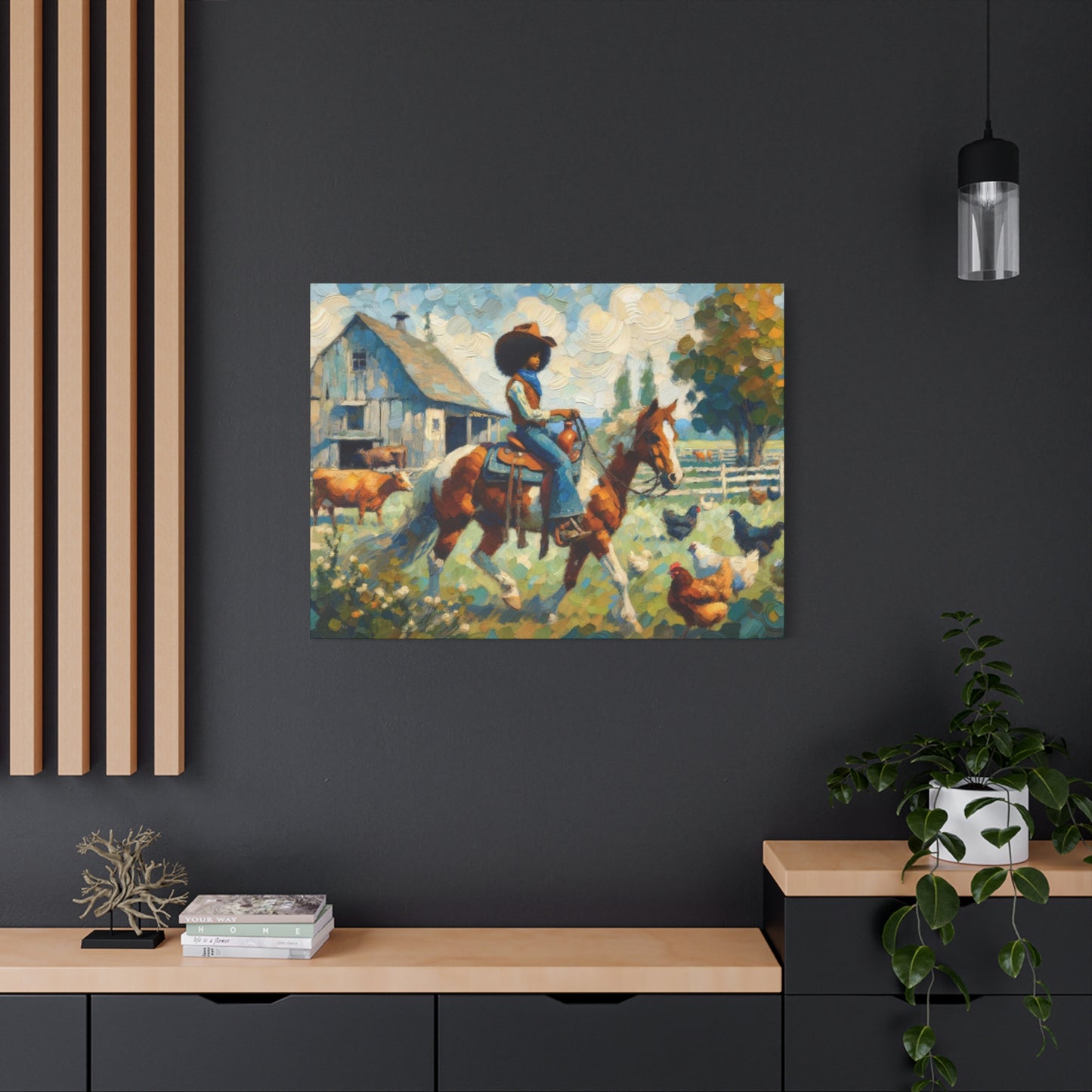 Rustic Farmhouse Wall Art | Cowgirl on Horse Stretched Canvas | Country Barnyard Decor
