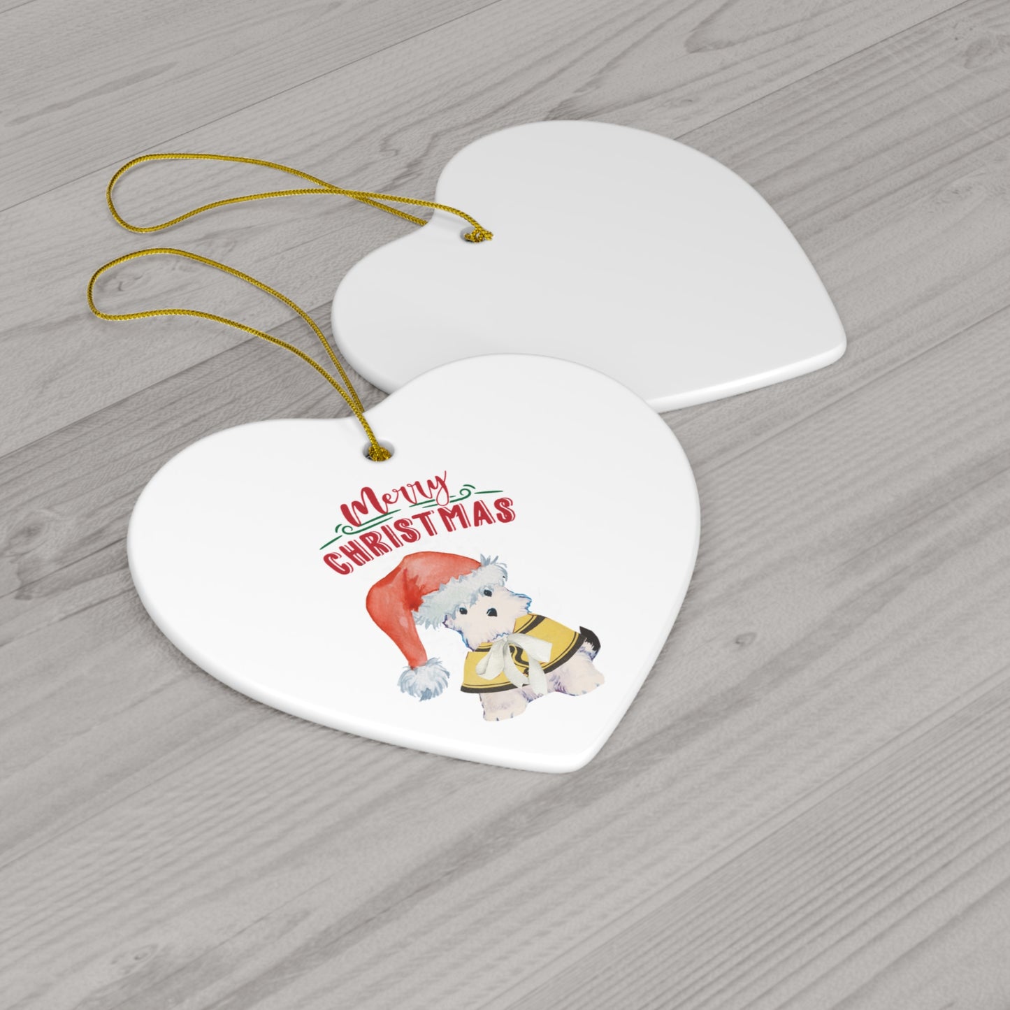 Coquette Merry Christmas Ornament – Vintage Bitsy Puppy Design Ceramic Ornament, 4 Shapes
