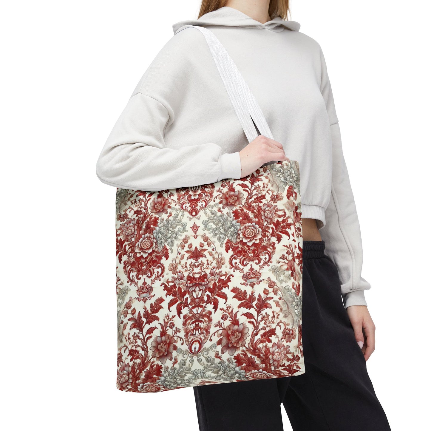 Luxury Red & Gray Chinoiserie Tote Bag – Elegant Floral Baroque Design | Black or White Handles | Stylish Everyday Carryall