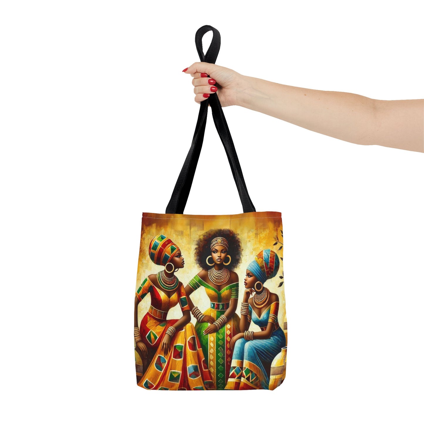 Close-up of the African Queens tote showcasing the detailed tribal designs and bold colors.