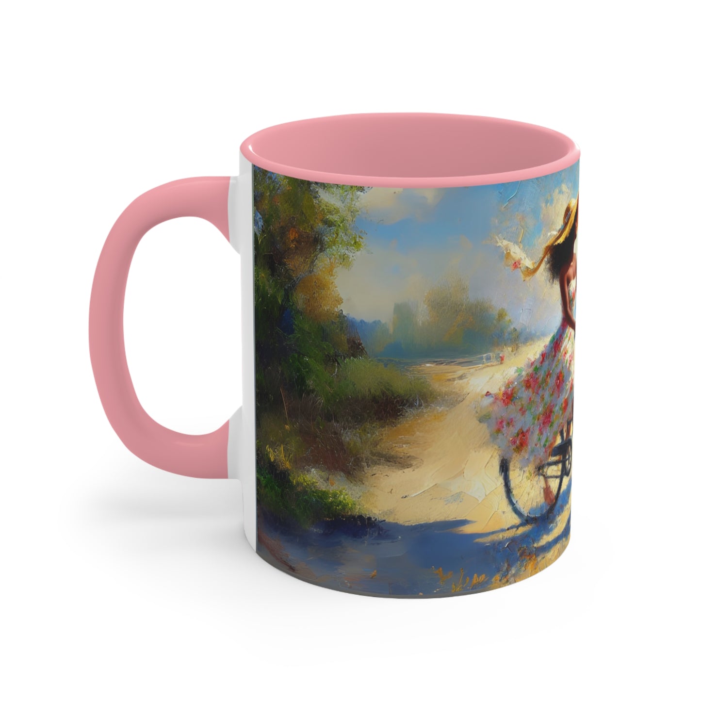 Romantic Beach Scene Coffee Mug | Couple on Bicycle with Floral Basket | Summer-Themed 11oz Ceramic Mug | Gift for Couples