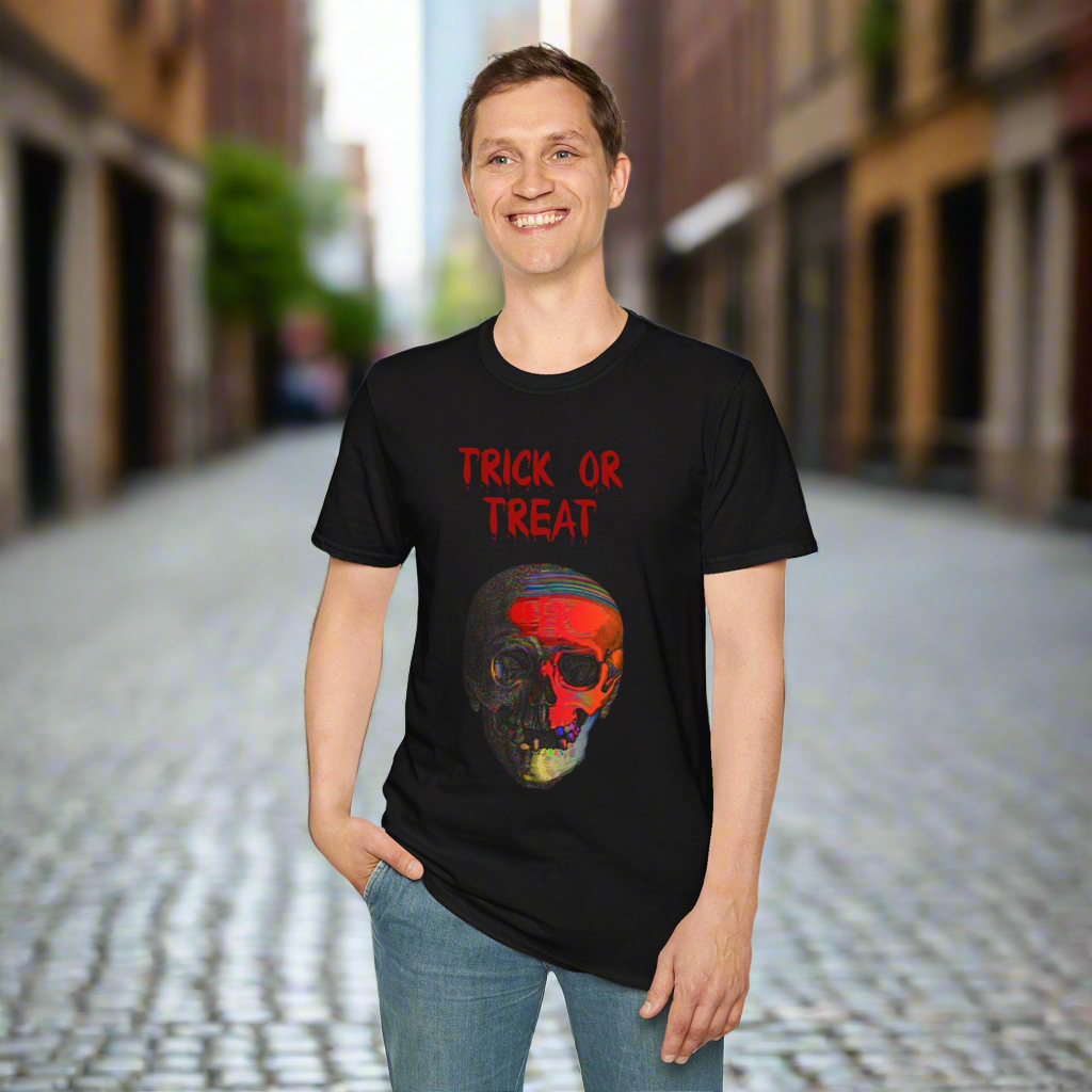 Front view of an person wearing Trick or Treat Skull Halloween T-Shirt featuring a spooky skull design, perfect for Halloween.