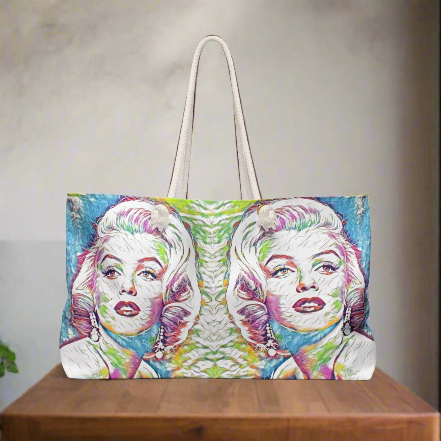 Front view of the Vibrant Marilyn Monroe Signature Weekender Tote Bag showcasing a bold, colorful pop art design of Marilyn Monroe with her signature.