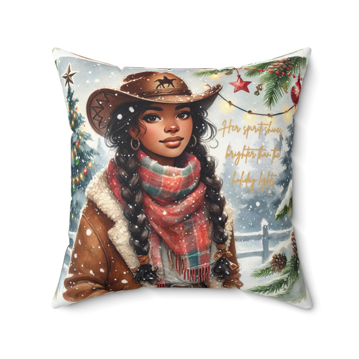 Decorative holiday pillow on a cozy chair, showcasing a rustic Western cowgirl in a snowy winter setting.