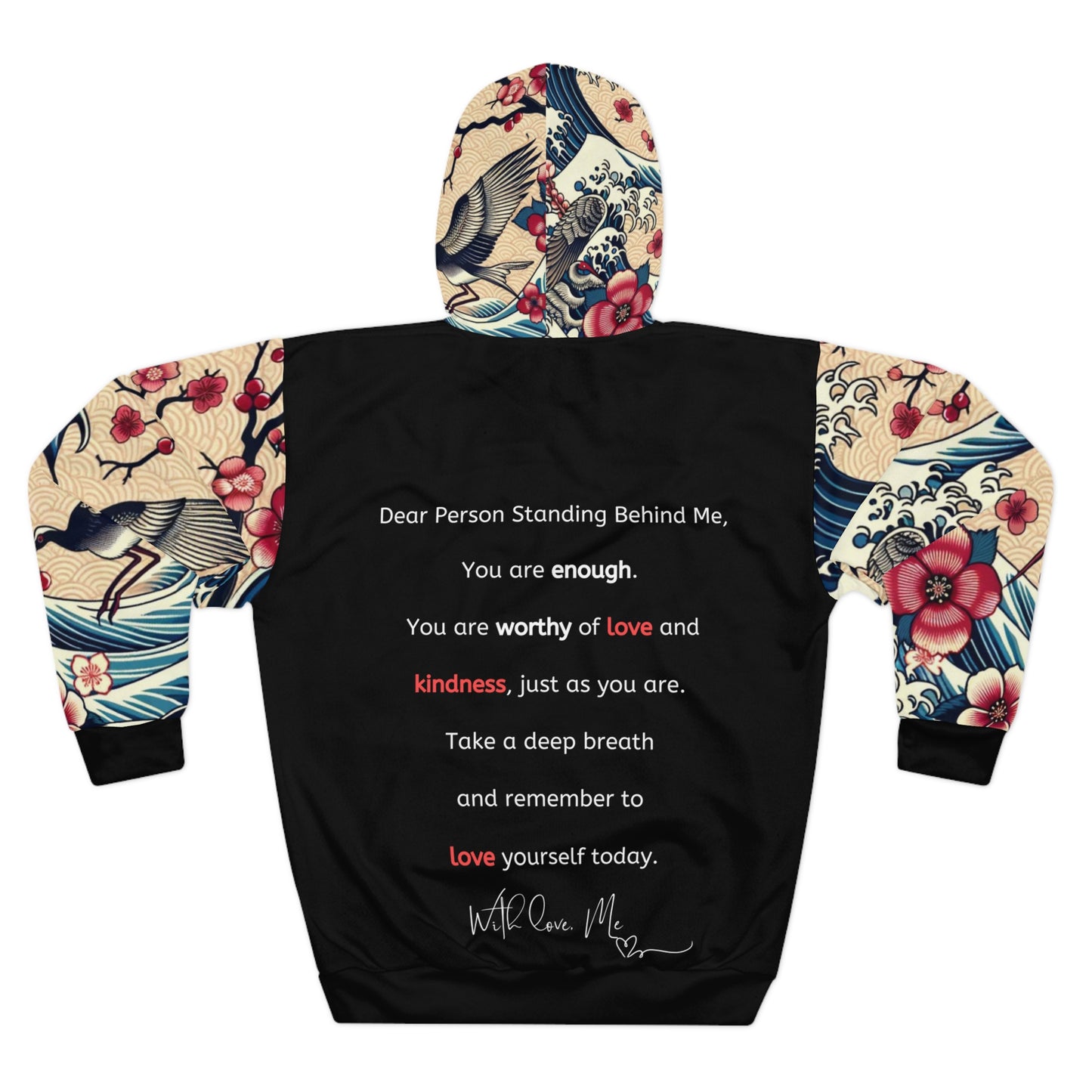 Back view of the hoodie displaying a full Japanese floral print design in vibrant colors on the hood and sleeves.