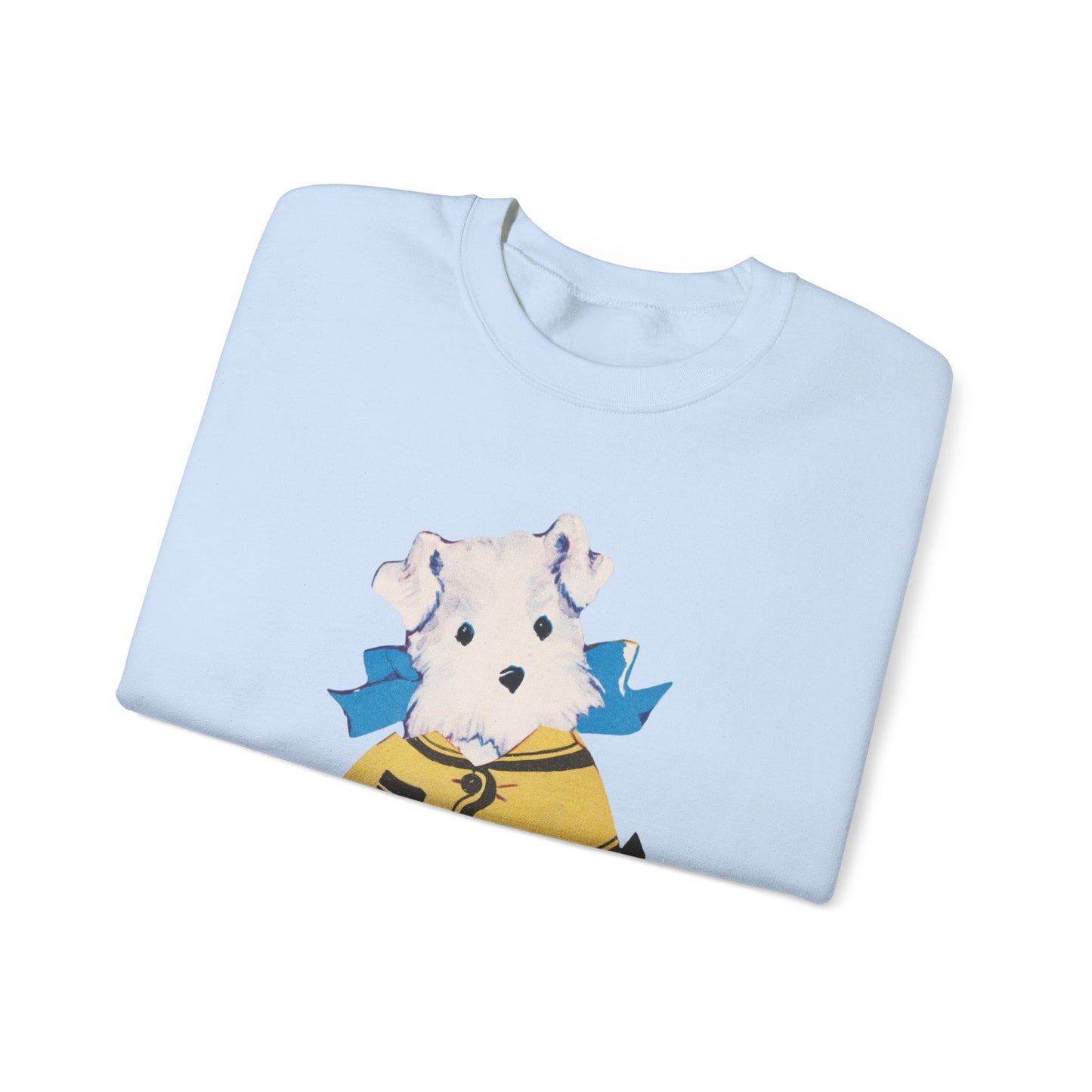 Flat lay of the light blue sweatshirt, emphasizing the retro dog design in a casual setting.