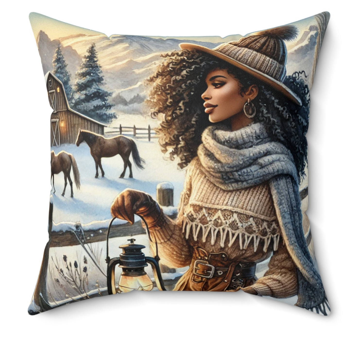 Winter Ranch Scene Throw Pillow, Cozy Home Decor with Plaid Accent Back | Perfect for Living Room or Bedroom