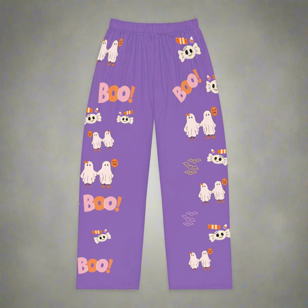 Purple Boo Ghost Women's Pajama Pants featuring a spooky ghost design, perfect for Halloween-themed sleepwear.