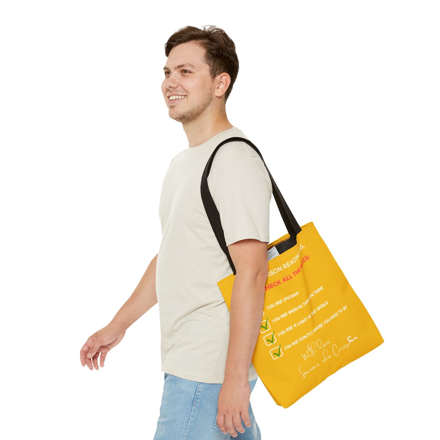 Reversible "Dear Person Reading This" & "Happy Vibes" Motivational Tote Bag | Yellow