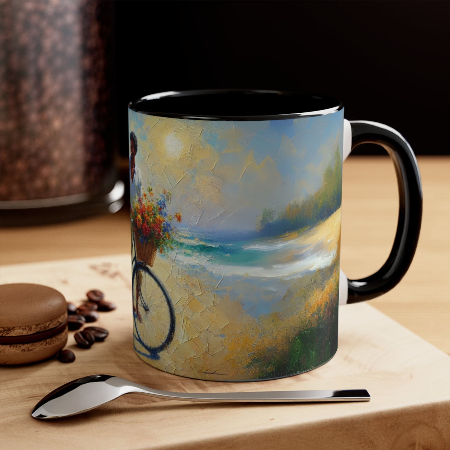Side view of a 15oz ceramic coffee mug showcasing a summer-themed design with a couple on a beach, surrounded by vibrant colors and floral accents
