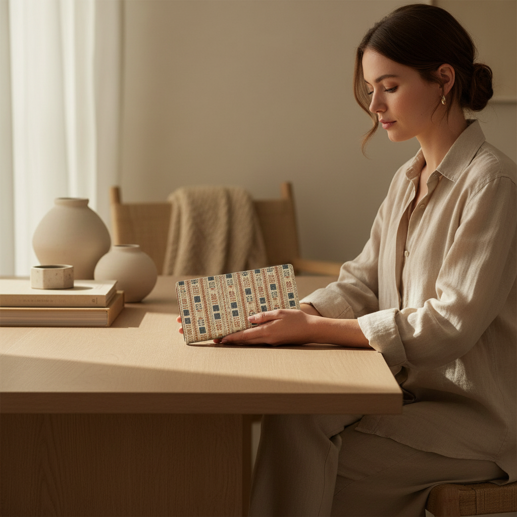 Woman seated at a minimalist table holding the Amara Heritage Microprint™ designer travel wallet in a warm, neutral-toned room.