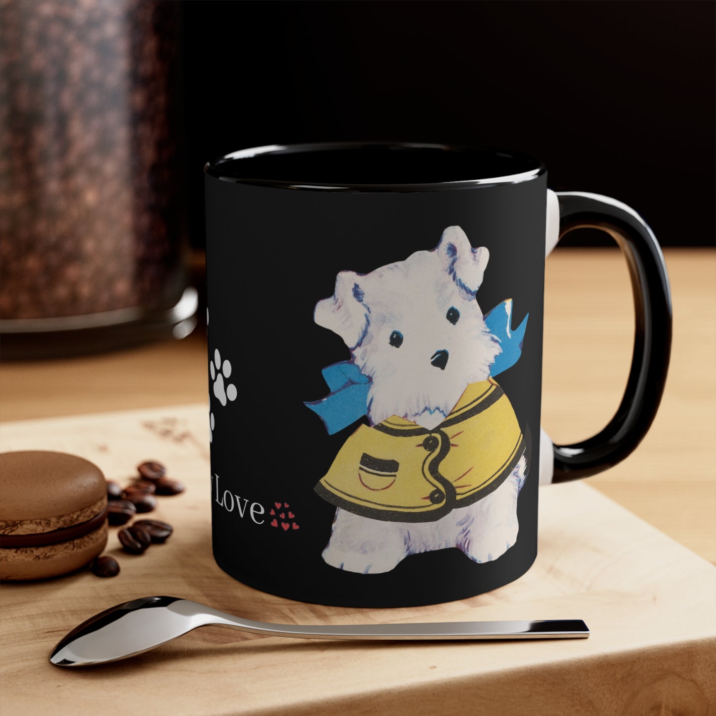 Bitsy puppy love ceramic mug – featuring adorable puppy in yellow raincoat with text 'Puppy Love.