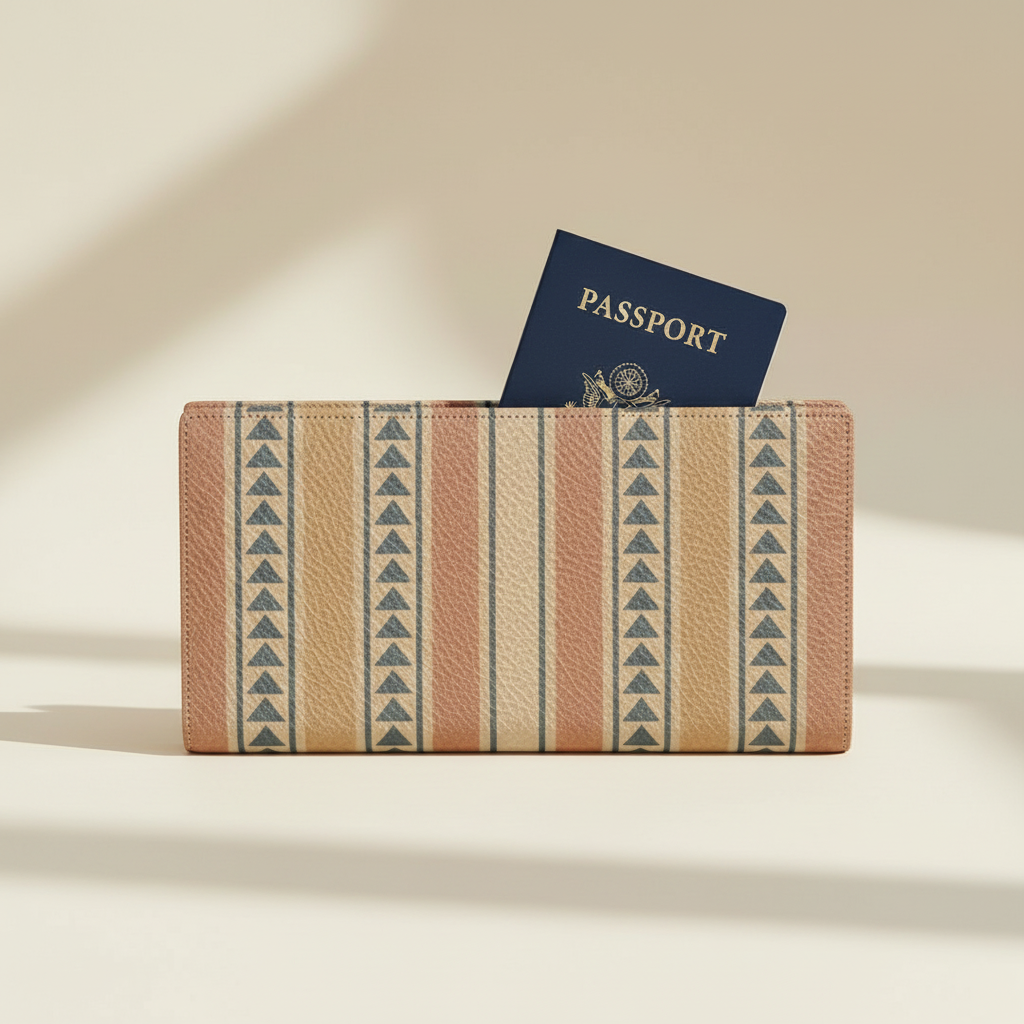 Amara Heritage Microprint™ Travel Wallet standing upright with a passport partially tucked into the back slip pocket.