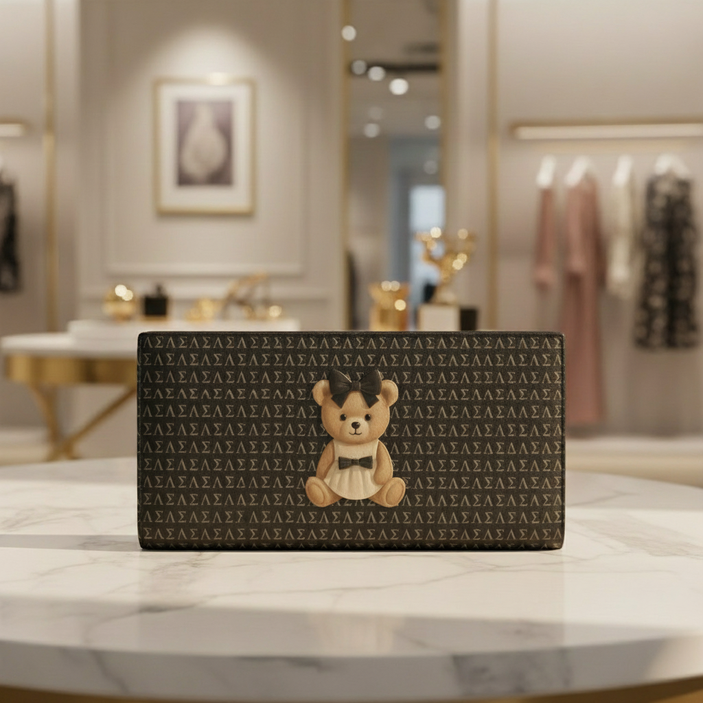Le Petit Teddy™ Noir Microprint Wallet showcased on a marble table in a luxury boutique setting, highlighting the teddy emblem and Greek-letter monogram on full-grain Nappa leather.