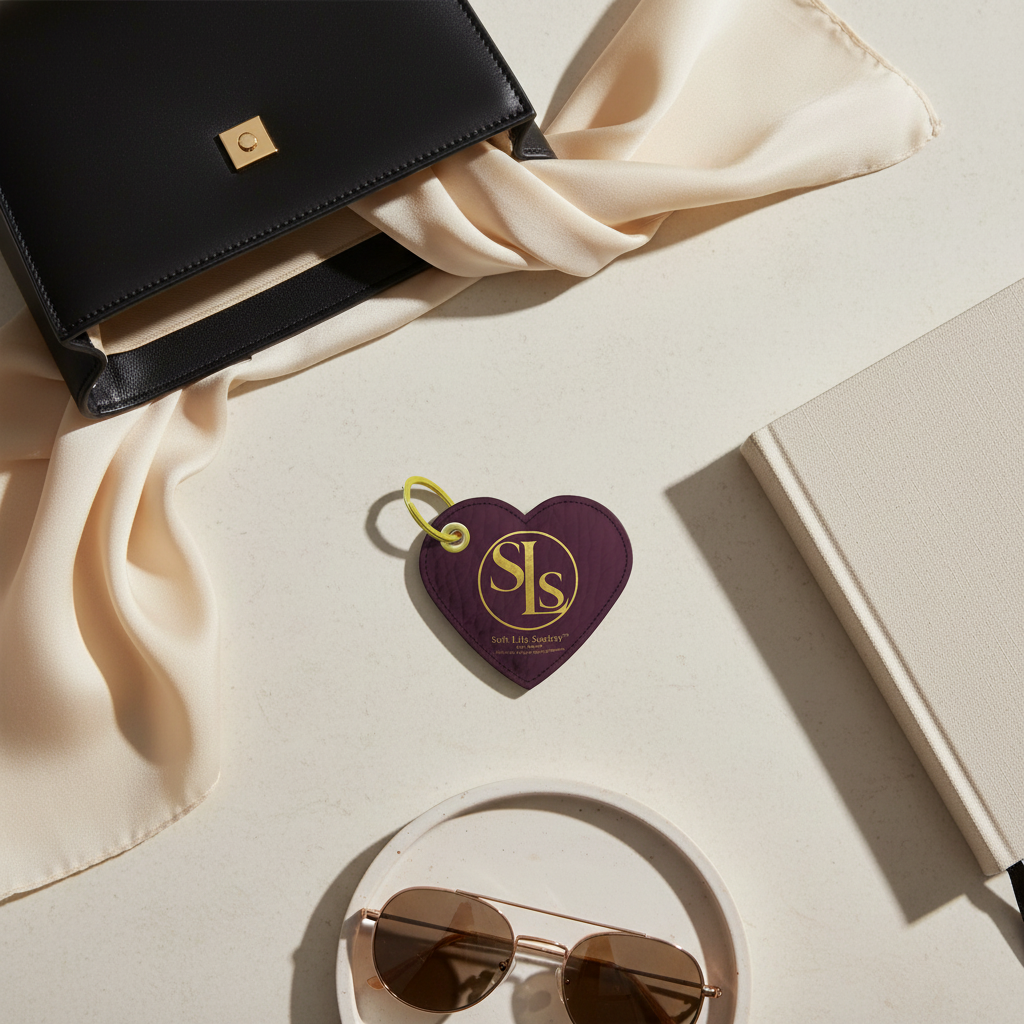 Heart-shaped keychain with logo, sunglasses, and black clutch on beige fabric