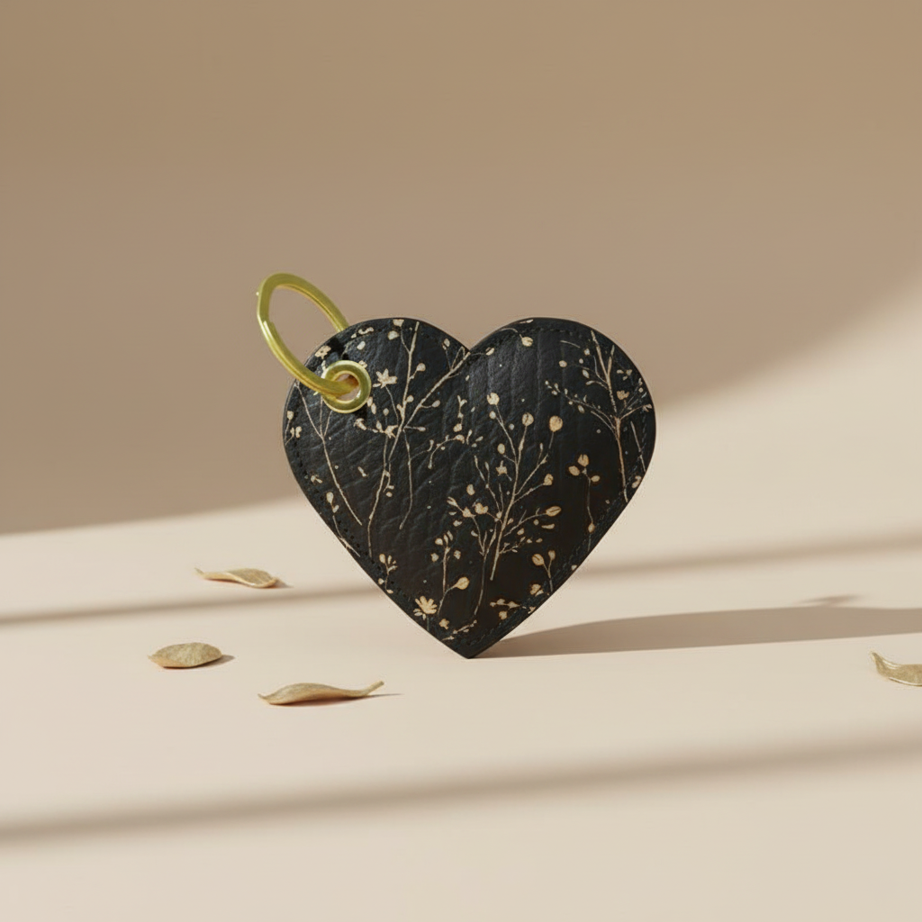 Heart-shaped keychain with leaf patterns on a beige background