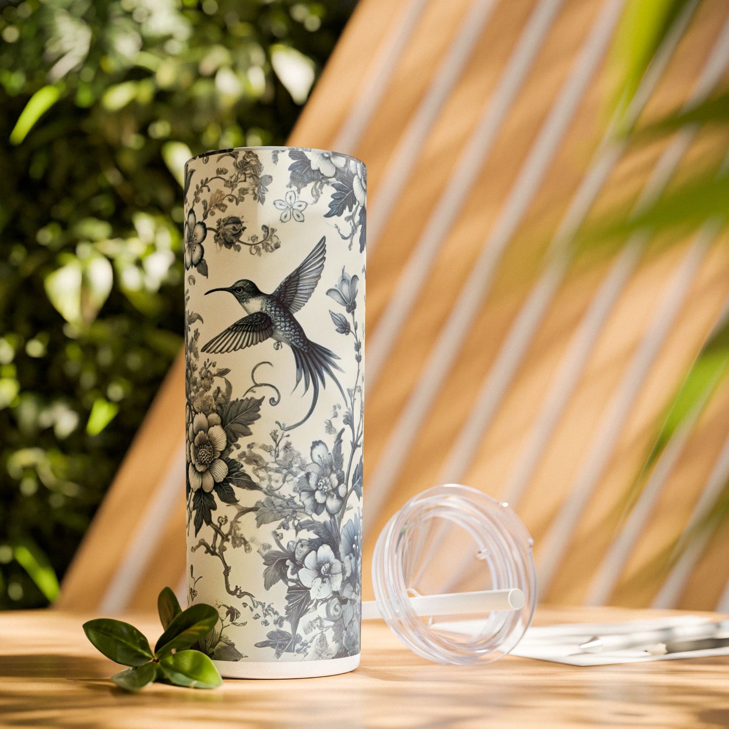 Blue & White Chinoiserie Hummingbird Tumbler | 20oz Maars Skinny Insulated Travel Mug with Lid & Straw | Elegant Floral Bird Design | Gift for Tea & Coffee Lovers