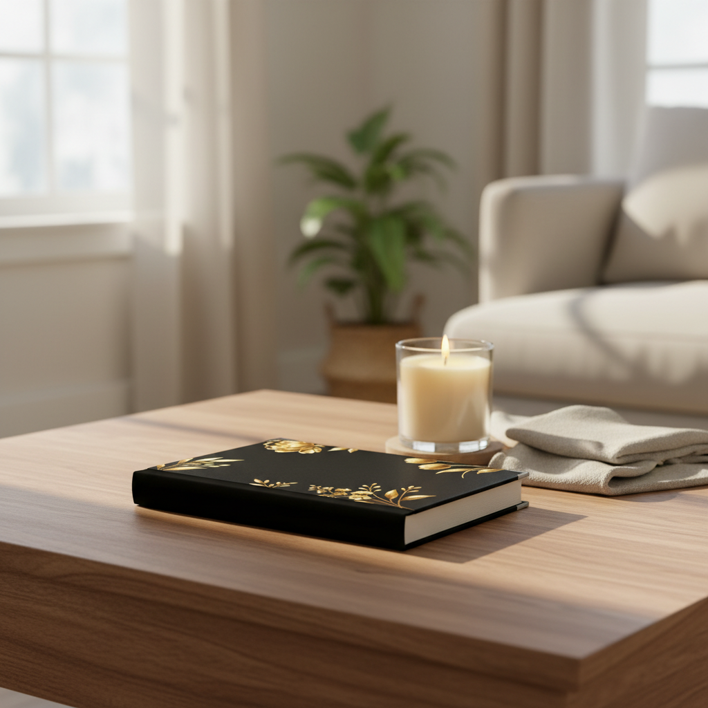 Candle and Soft Life Society premim black journal with gold floral print on a wooden table in a bright living room