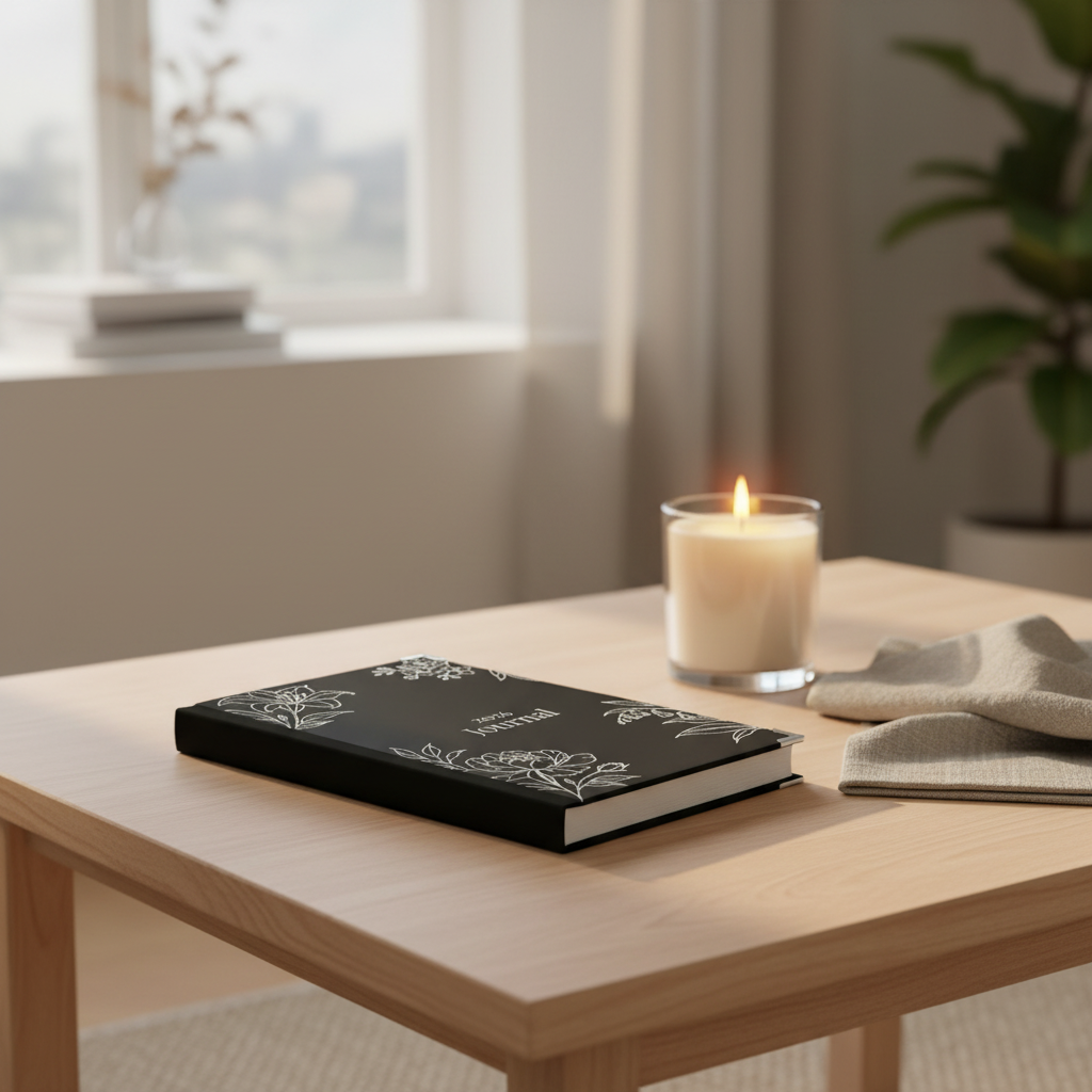 Black Soft Life Society floral journal notebook on a wooden table with a lit candle and a plant in the background