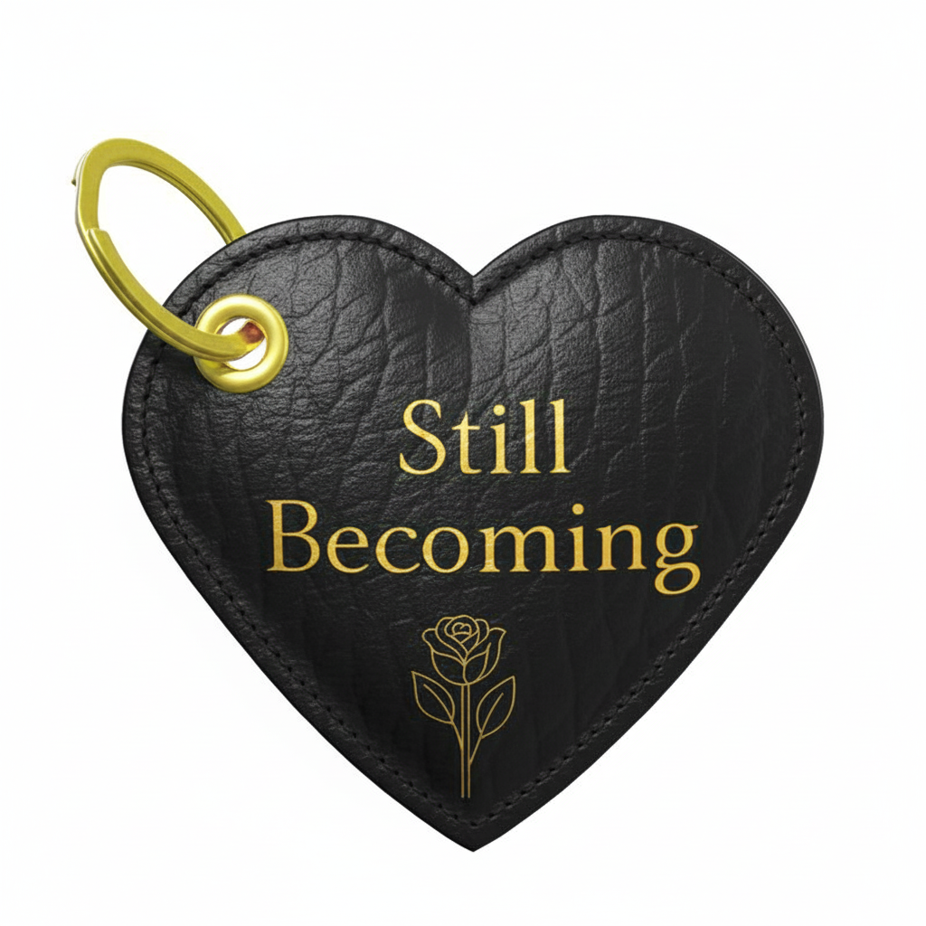 Black heart-shaped keychain with 'Still Becoming' text and gold rose design on a white background