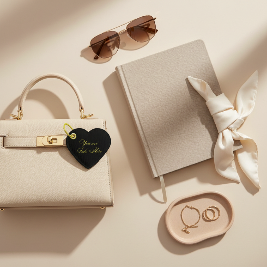 Beige handbag, sunglasses, notebook with bow, heart-shaped keychain, and ring dish on a light background