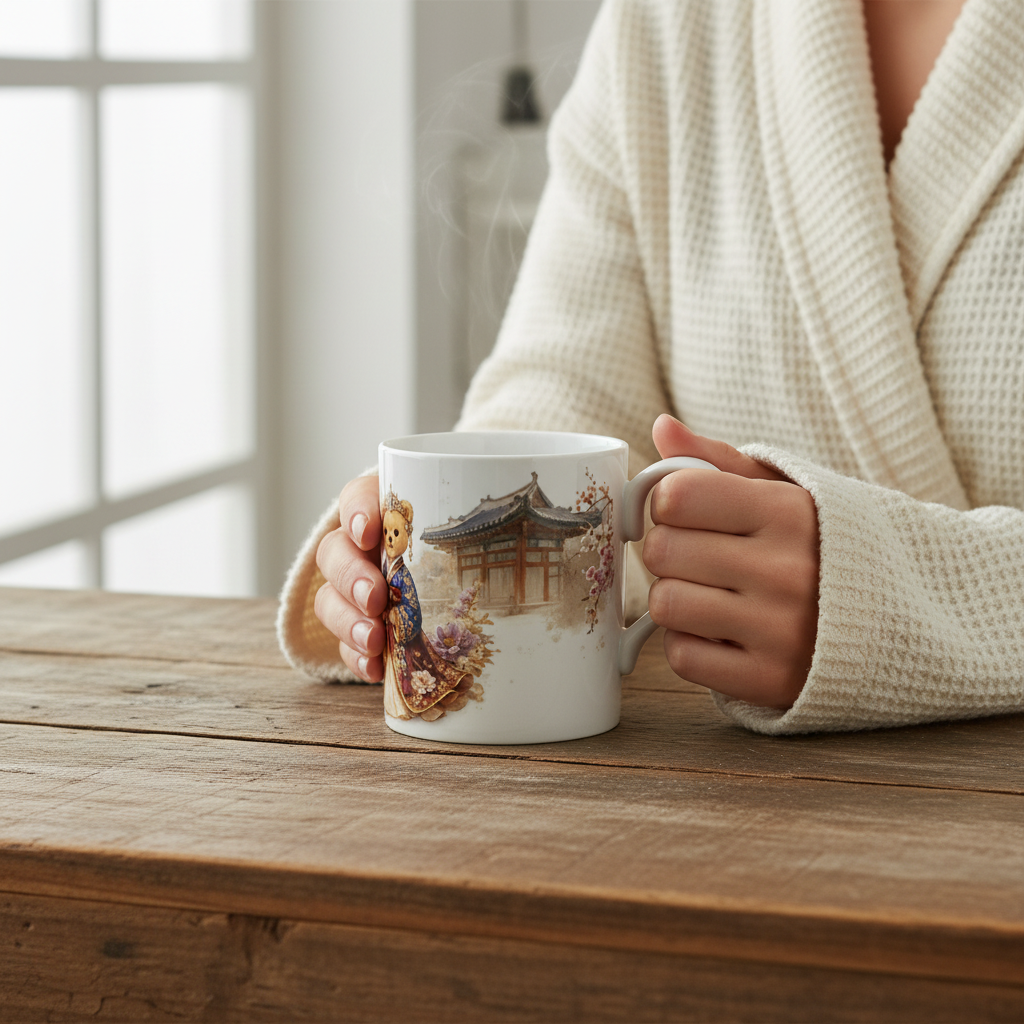Person holding a mug with a scenic design on a wooden table