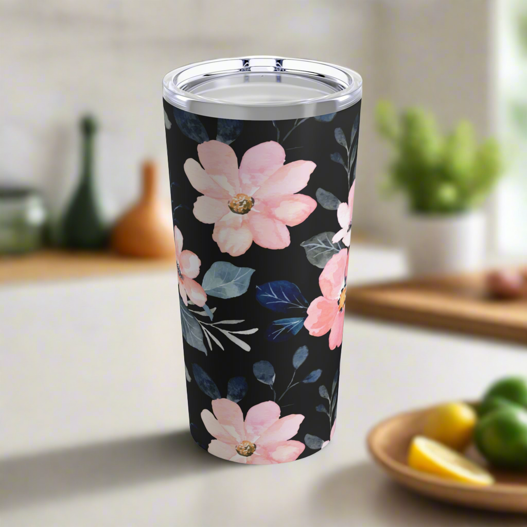 Elegant Floral Tumbler – 20oz Black & Pink Flower Design